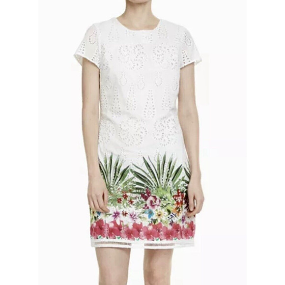 Desigual Shift Dress Size 12 EU 46 White Eyelet Denver Floral Design - Picture 1 of 9